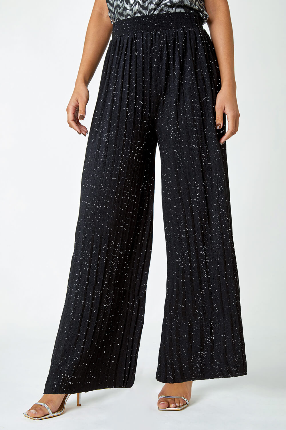 Black Pleated Glitter Stretch Trousers, Image 4 of 5