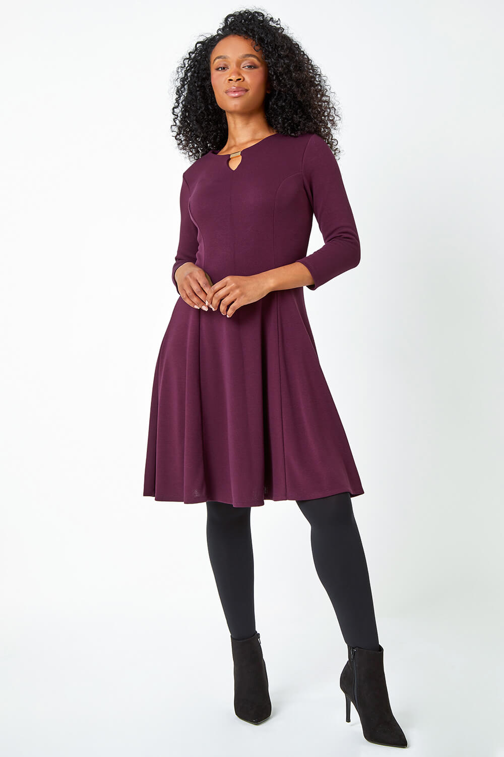 Purple Petite Panelled Skater Stretch Dress, Image 2 of 5