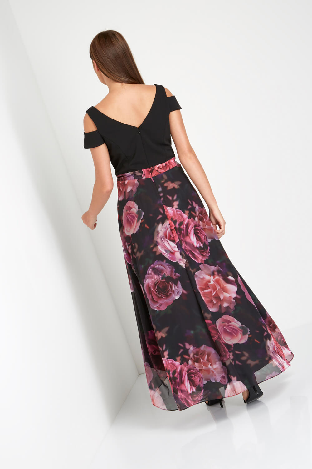 Rose Floral Print Cold Shoulder Maxi Dress, Image 3 of 6