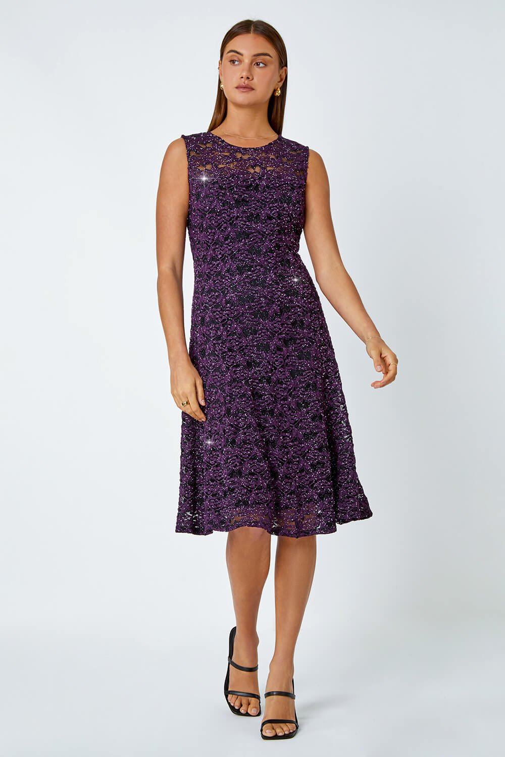 Purple Sleeveless Glitter Lace Stretch Dress, Image 2 of 5