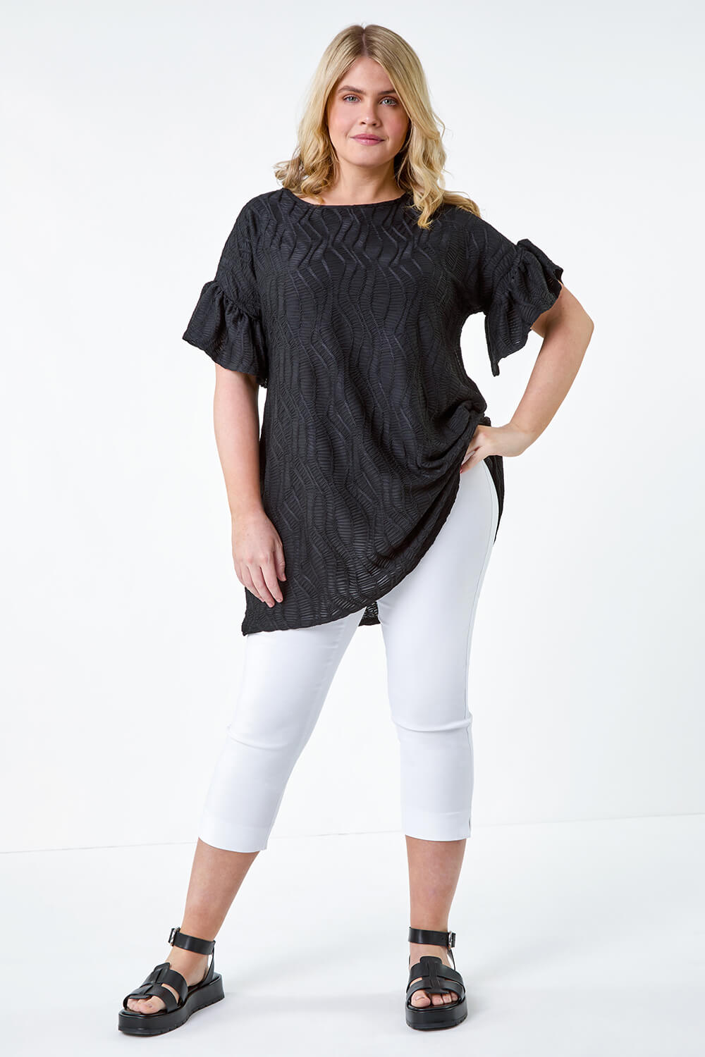 Black Curve Textured Frill Detail Stretch T-Shirt, Image 2 of 5