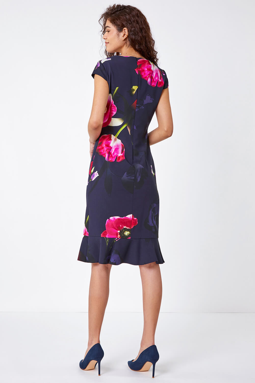 Navy  Floral Frill Premium Stretch Ruched Dress, Image 3 of 5