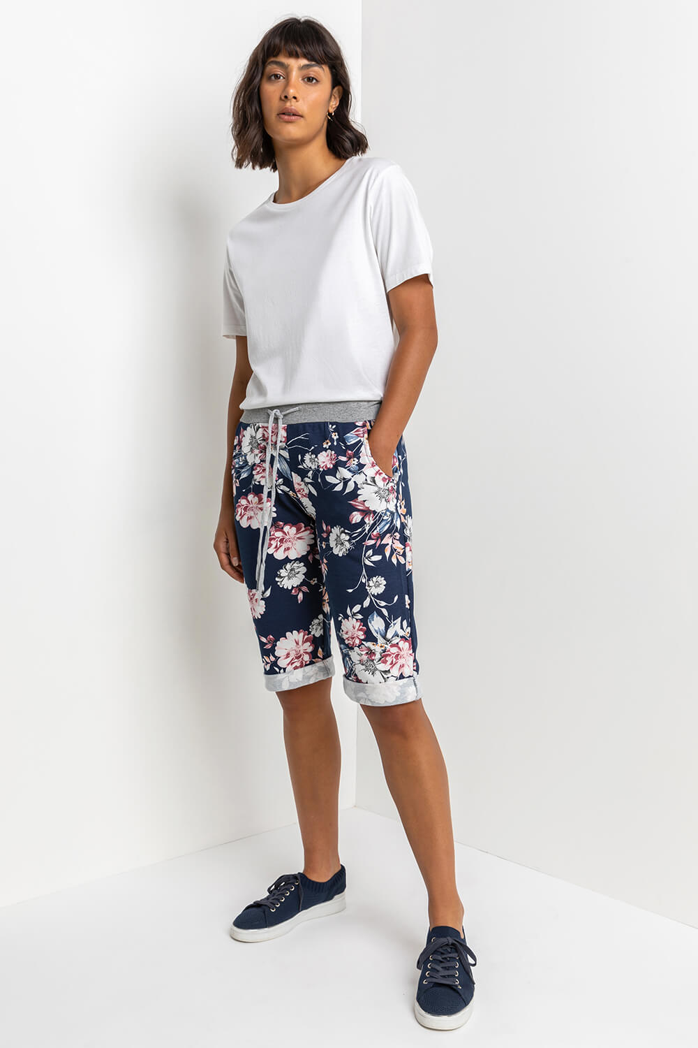 Navy  Floral Print Jersey Shorts, Image 4 of 5