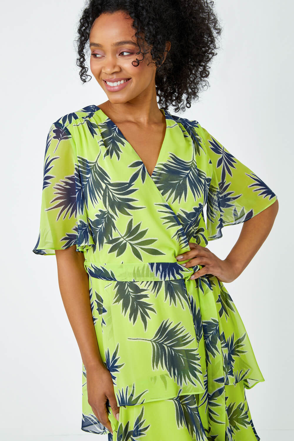 Lime Petite Tropical Print Tiered Midi Dress, Image 4 of 5