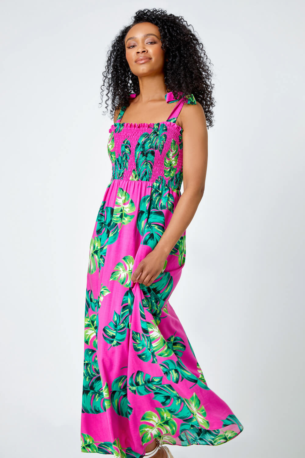 PINK Petite Tropical Print Shirred Maxi Dress, Image 4 of 5