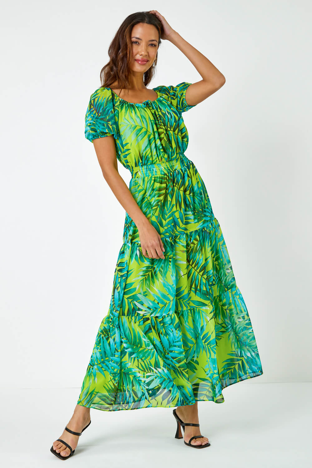 Lime Palm Print Tiered Maxi Dress, Image 4 of 5