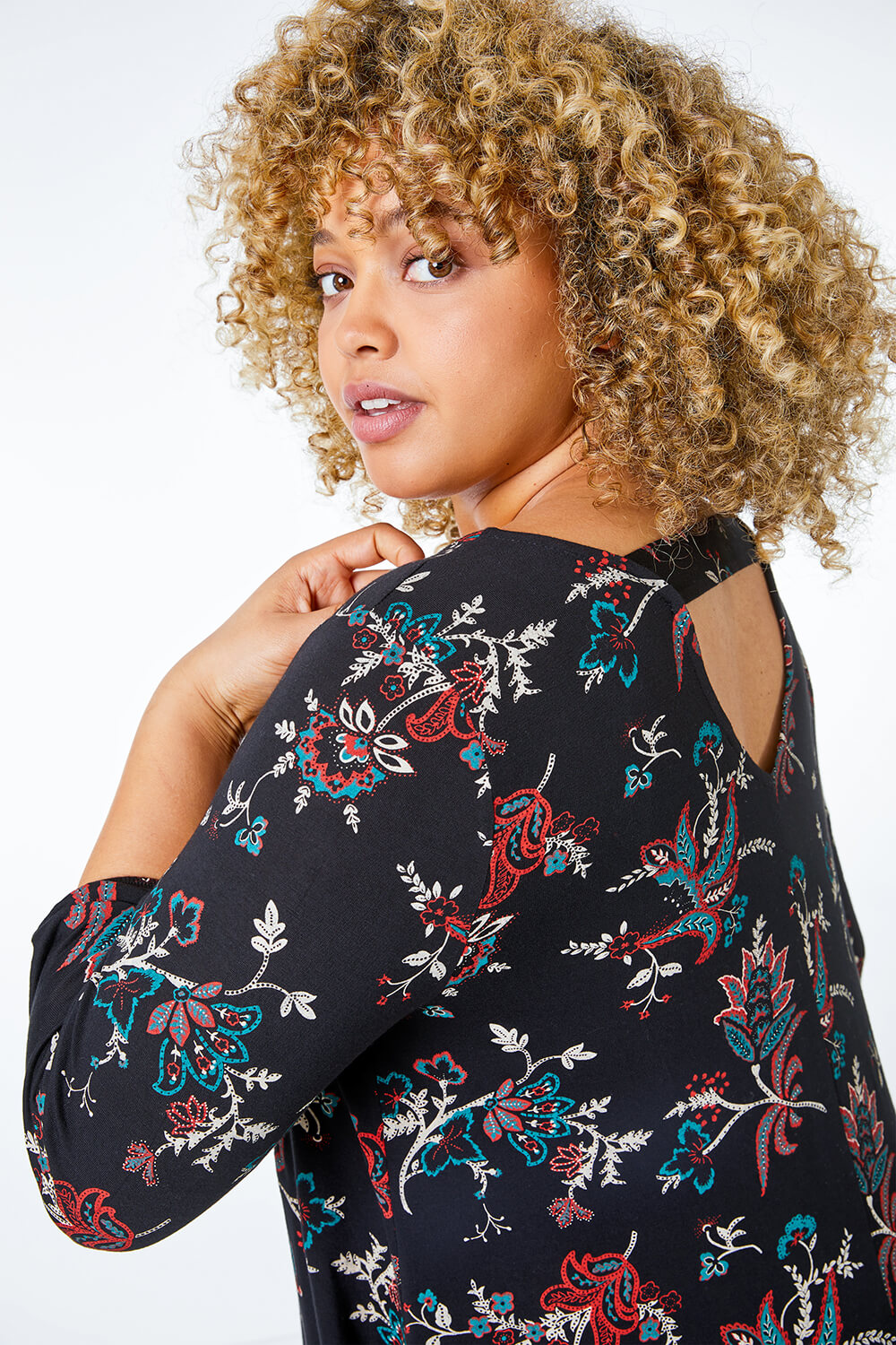 Teal Curve Floral Print Stretch Top, Image 4 of 5