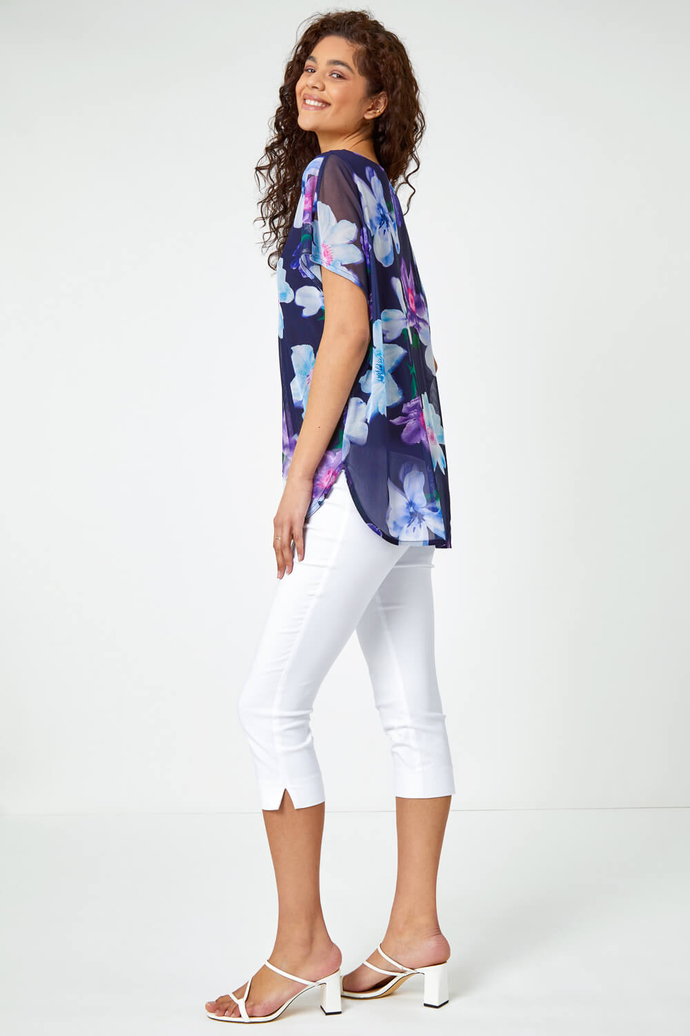Navy  Floral Print Mesh Overlay Top, Image 3 of 5