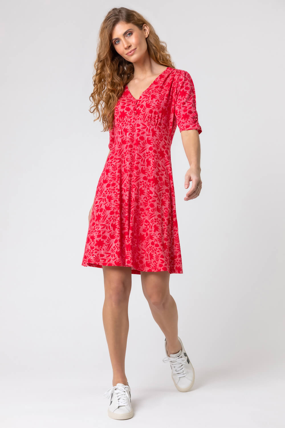 Red Floral Print Buttoned Tea Dress, Image 2 of 5