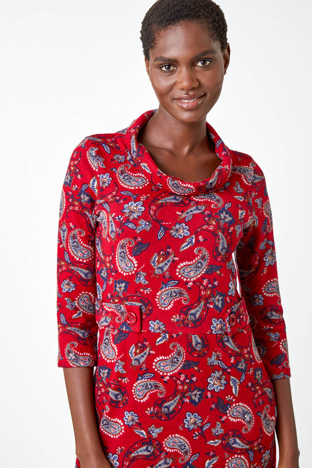 Red Paisley Print Cowl Neck Dress, Image 4 of 5