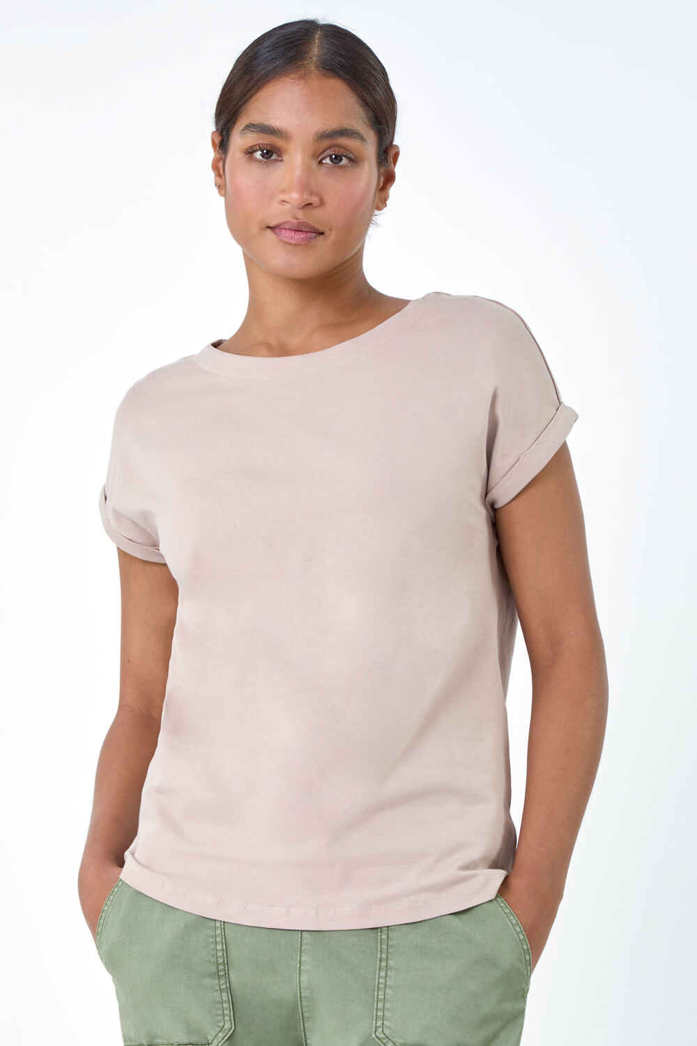 Natural  Plain Stretch Cotton Jersey T-Shirt, Image 2 of 5