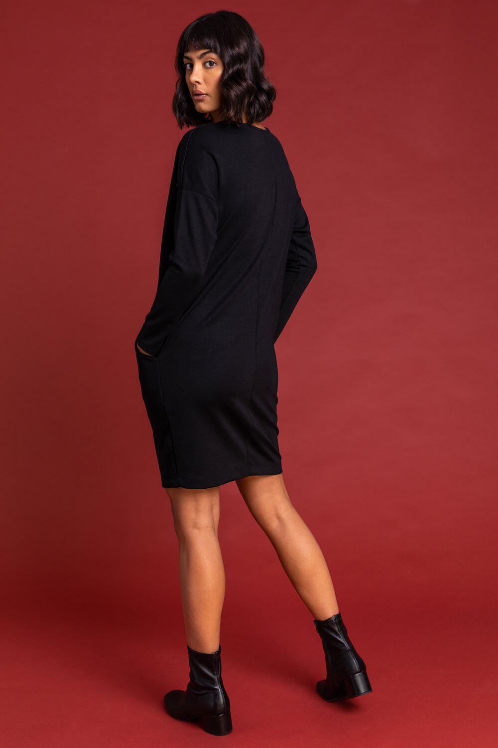Black Stud Embellished Pocket Shift Dress, Image 2 of 5