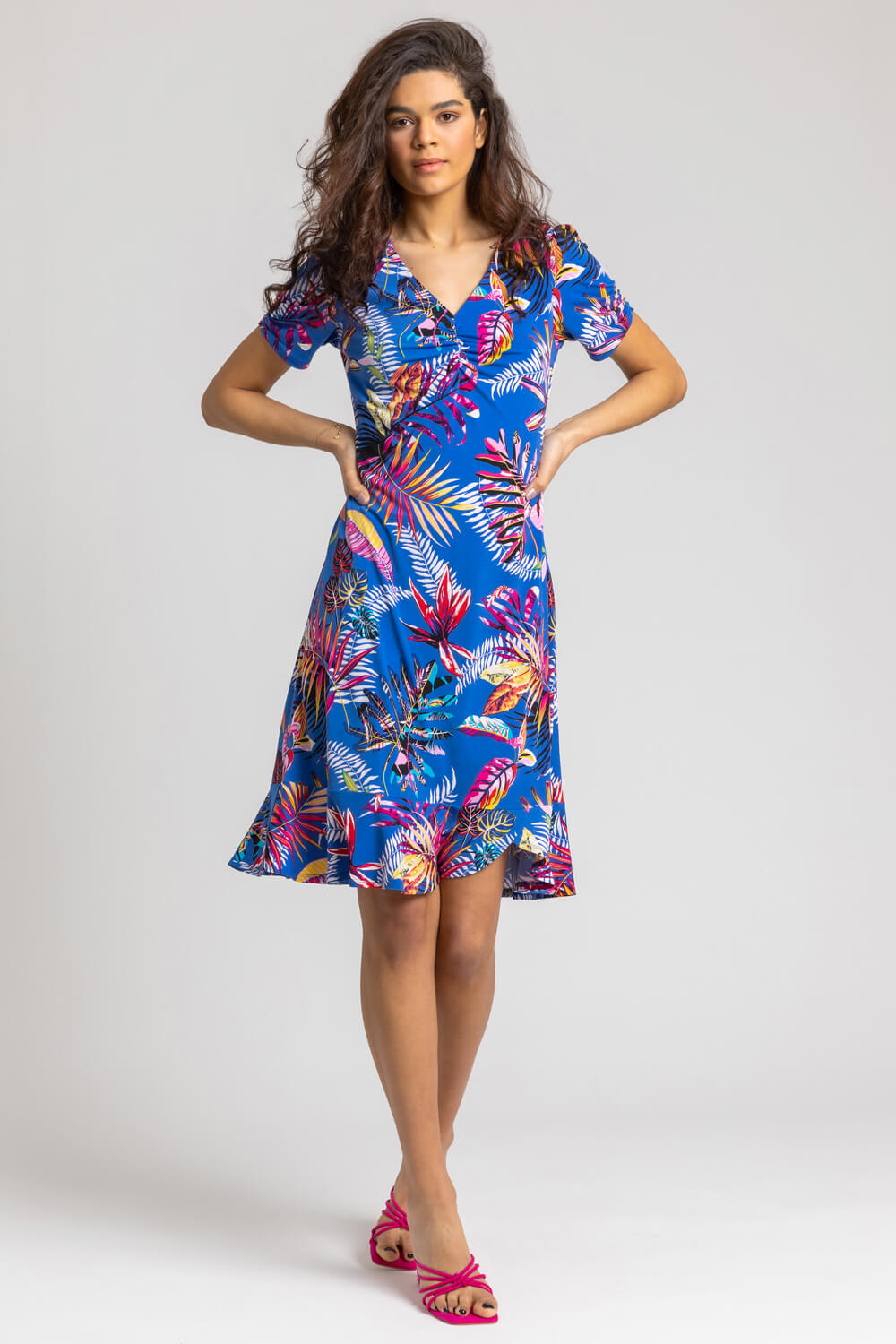 Royal Blue Tropical Print Frill Detail Dress, Image 3 of 4