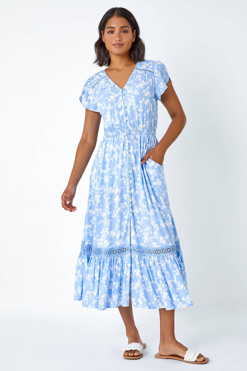 Light Blue Floral Lace Detail Midi Dress | Roman UK