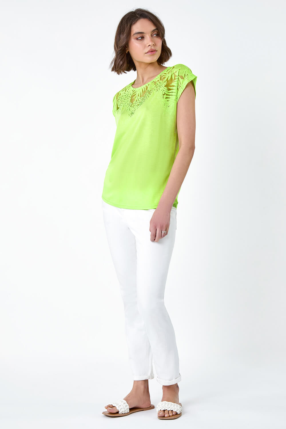 Lime Embellished Palm Print Cut Out T-Shirt, Image 2 of 5