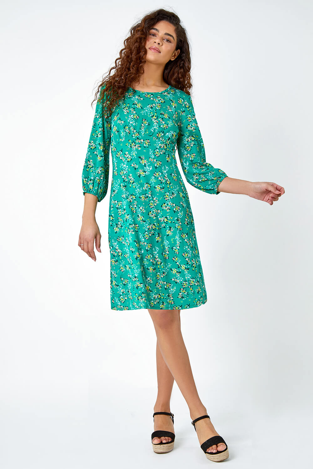 Green Ditsy Floral Print Stretch Jersey Dress, Image 2 of 5
