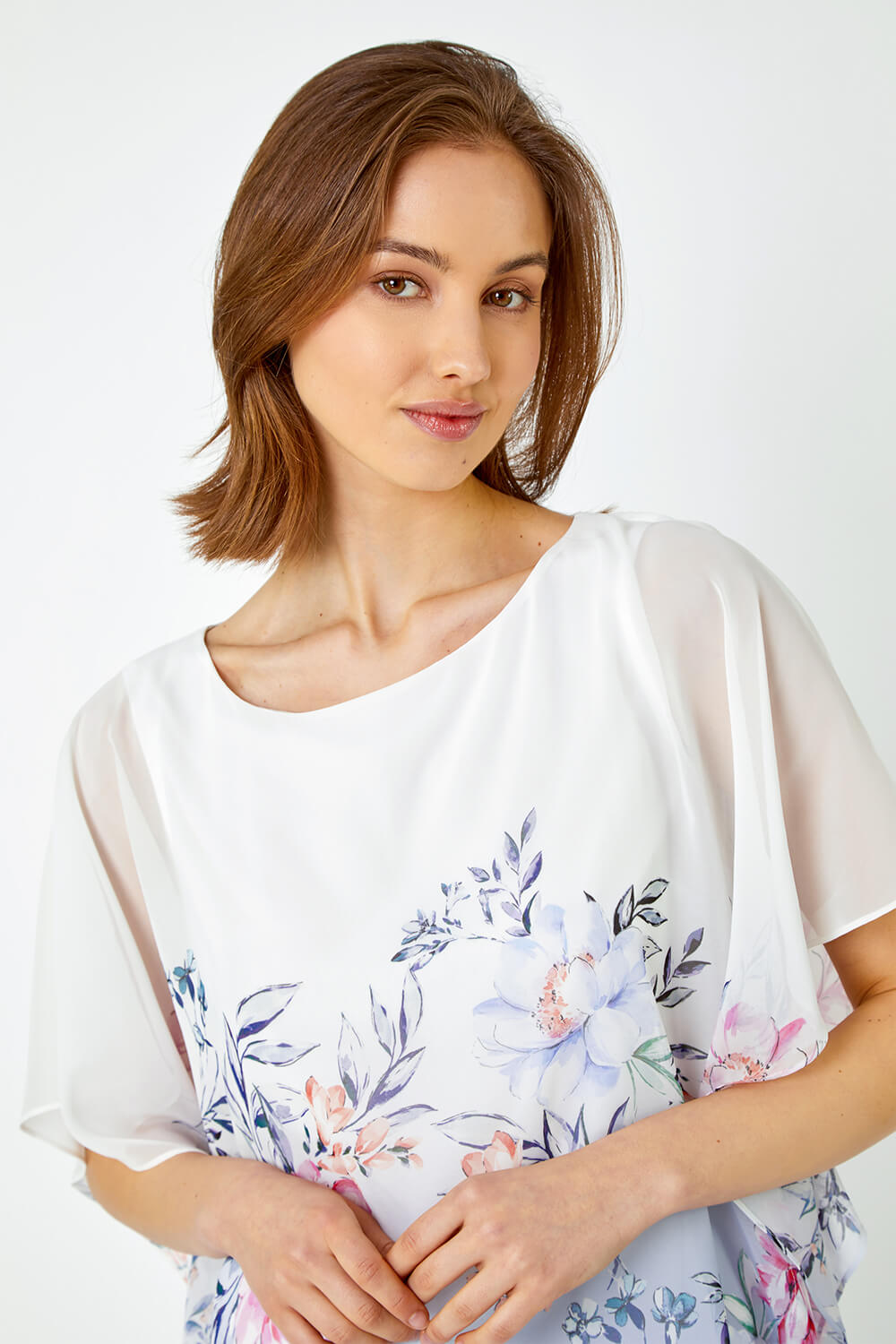 Lavender Floral Print Chiffon Overlay Top, Image 4 of 5
