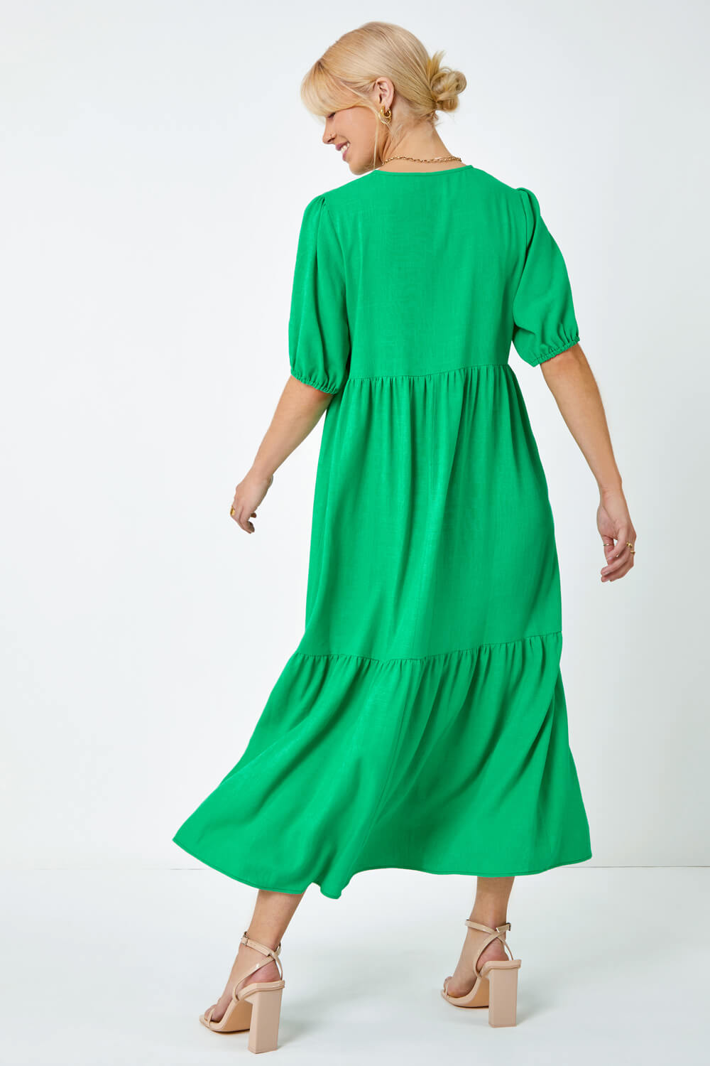 Green Linen Blend Tiered Midi Dress | Roman UK