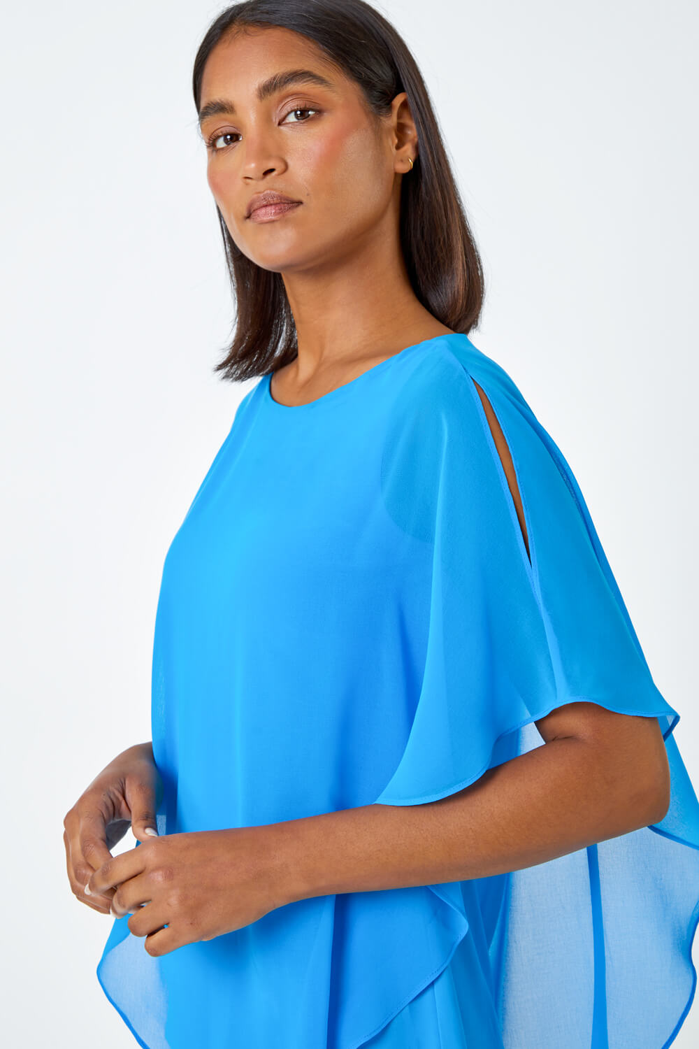 Turquoise Asymmetric Cold Shoulder Stretch Top, Image 4 of 5