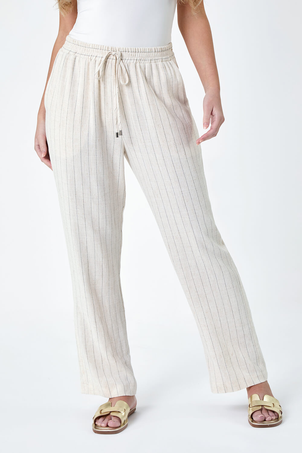 Natural  Petite Linen Blend Stripe Trousers, Image 4 of 5