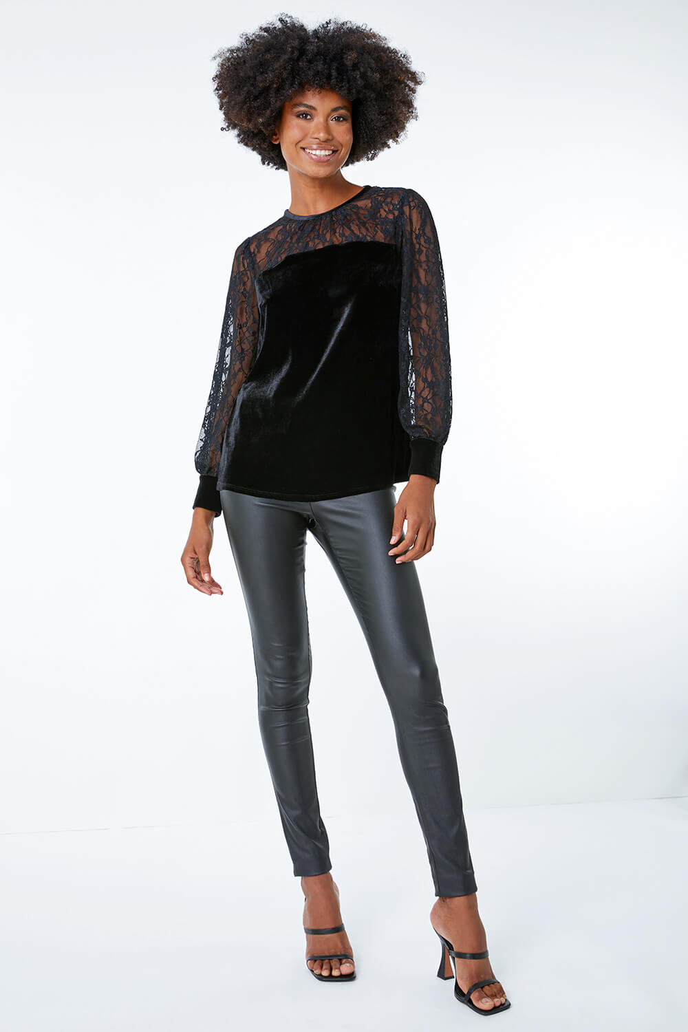 Velvet Lace Sleeve Top in Black - Roman Originals UK