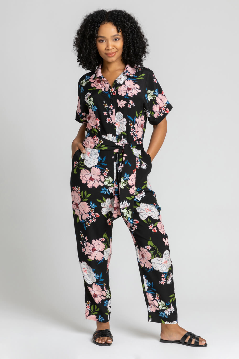 Black Petite Belted Floral Print Jumpsuit, Image 3 of 4