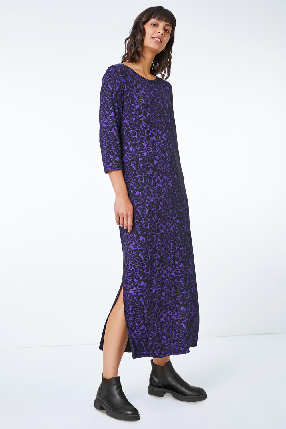 Purple Animal Print Jersey Stretch Midi Dress, Image 4 of 5