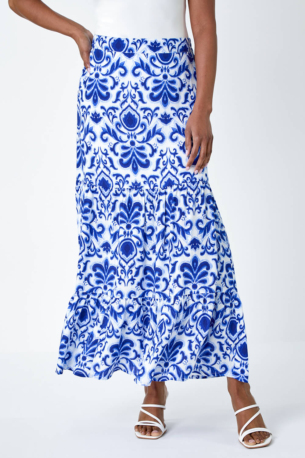 Blue Ornate Print Frilled Maxi Skirt | Roman UK