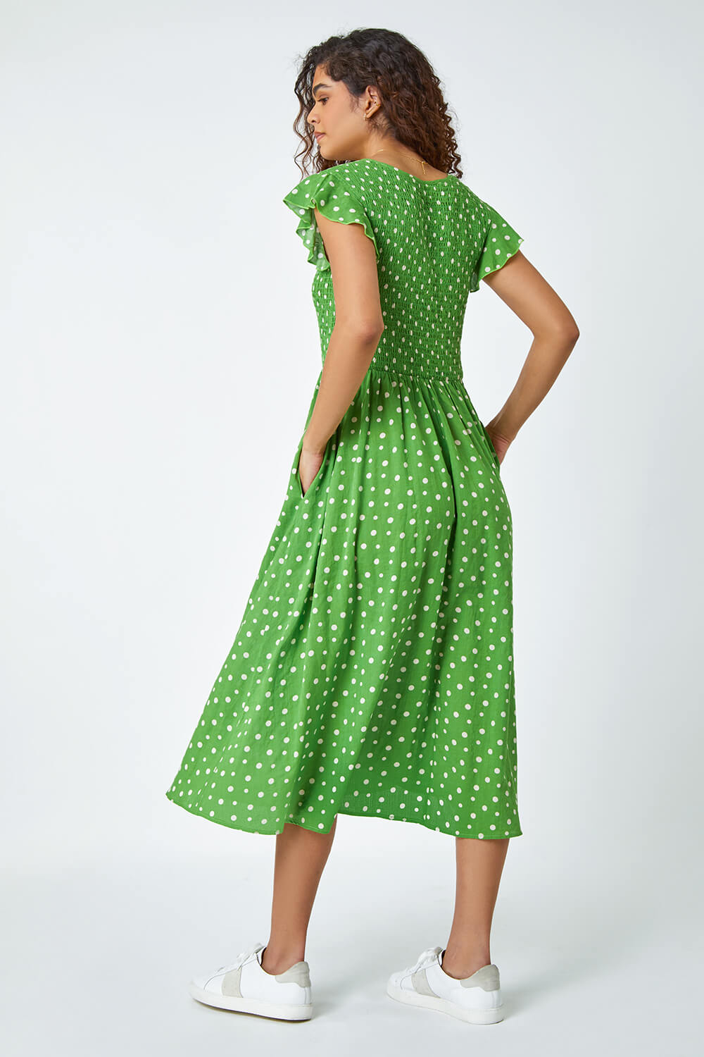 Green Frill Sleeve Spot Shirred Midi Dress, Image 3 of 5