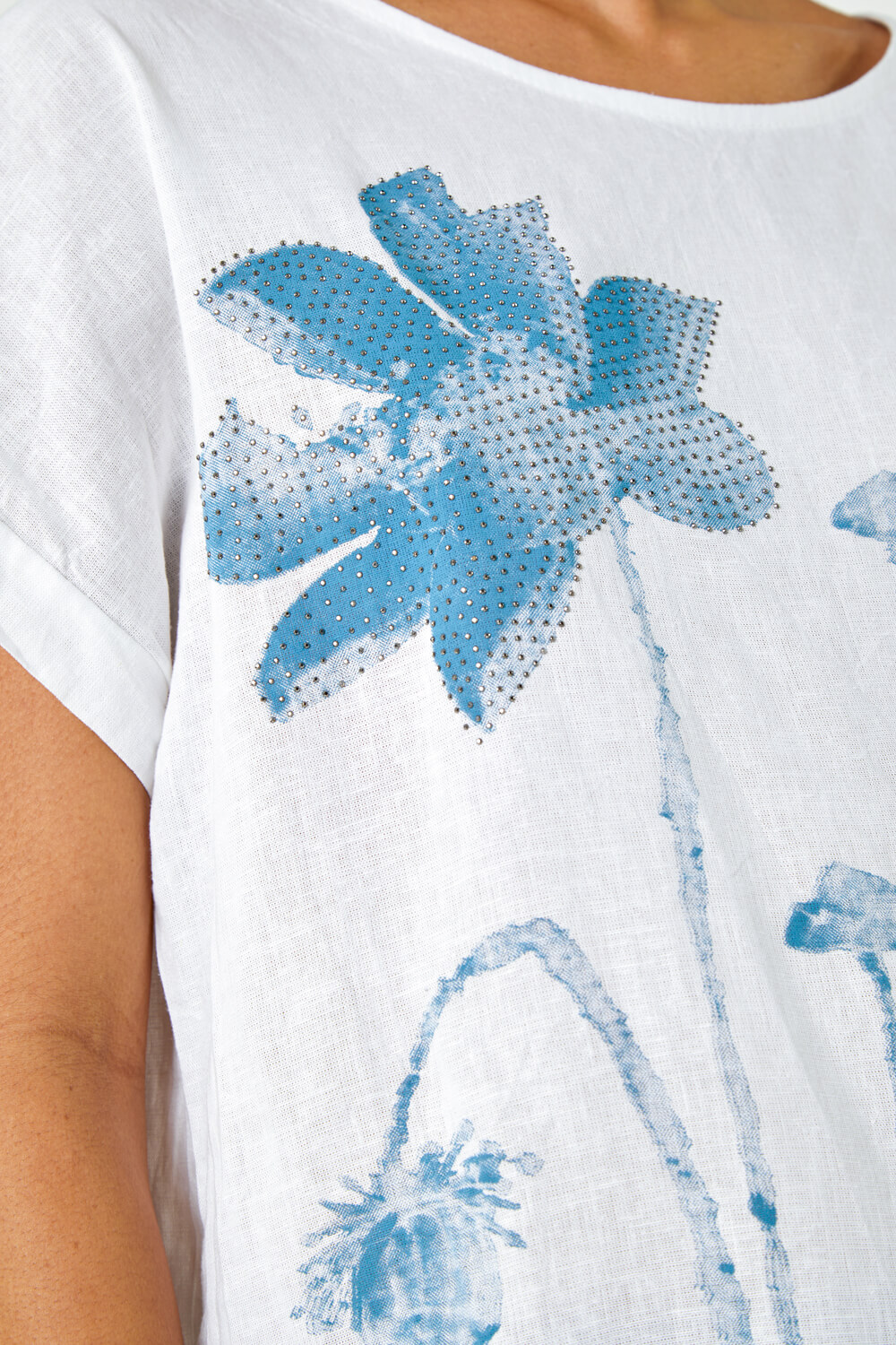 Light Blue  Embellished Floral Print Tunic Top, Image 5 of 5