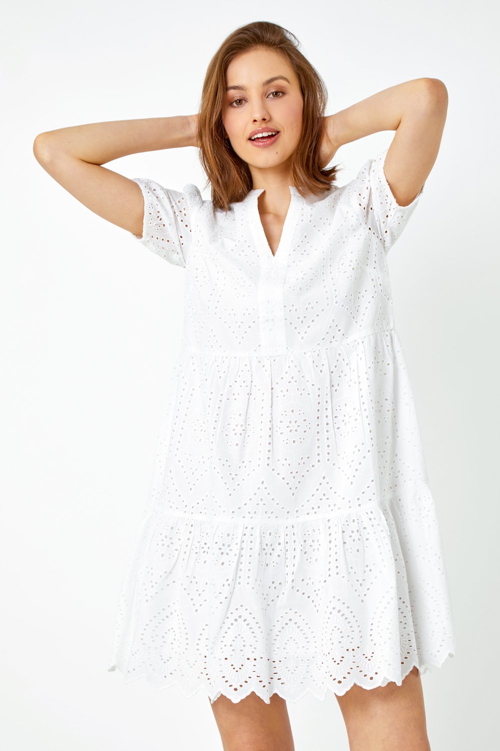 White Embroidered Tiered Cotton Smock Dress, Image 3 of 5