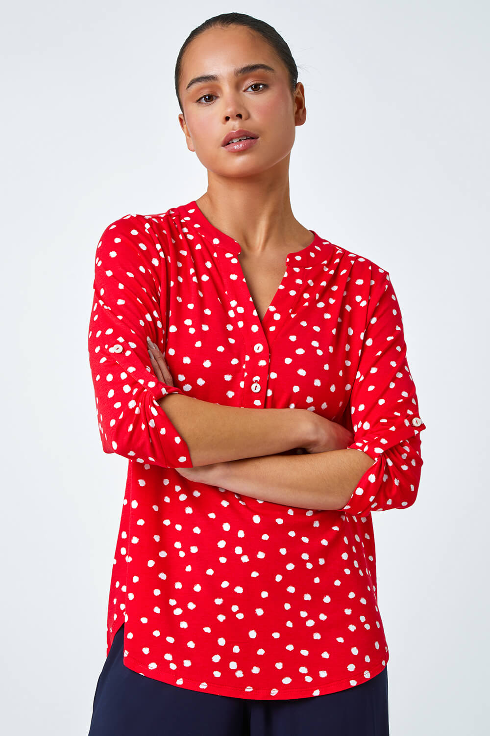 Red Petite Polka Dot Stretch Button Detail Shirt, Image 2 of 5