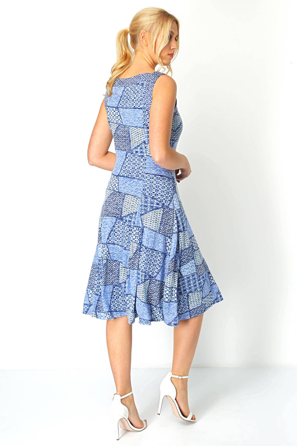Blue Geo Print Fit and Flare Dress, Image 3 of 4