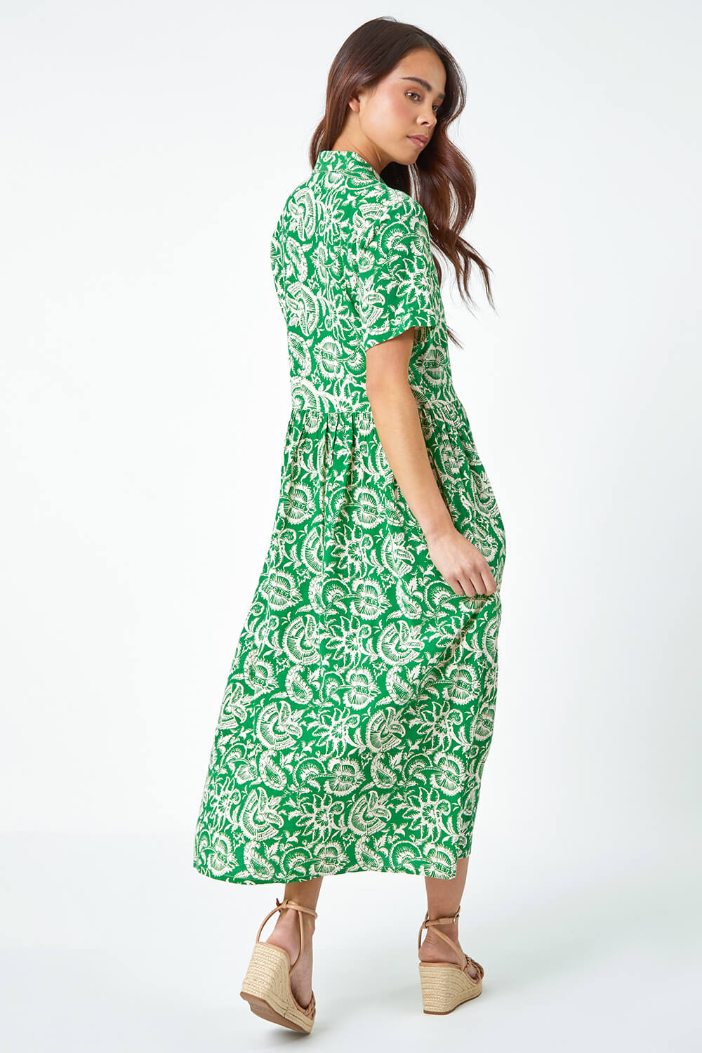 Green Petite Floral Print Midi Tea Dress, Image 3 of 5