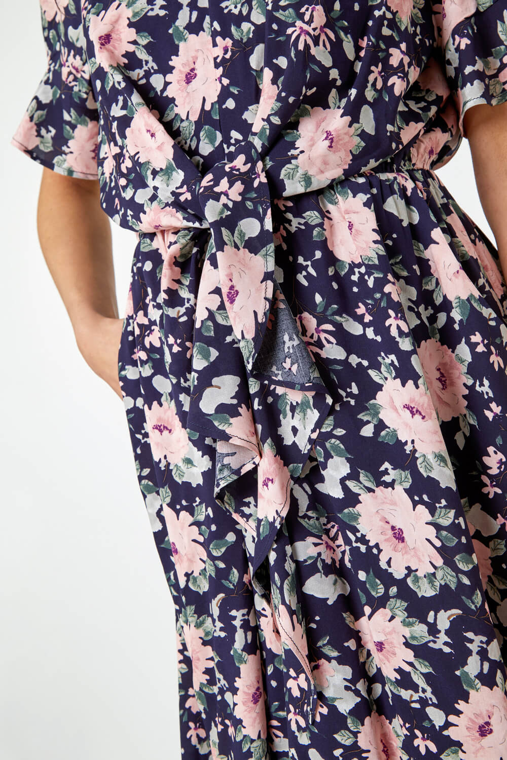Navy  Floral Print Frill Front Midi Dress, Image 5 of 5