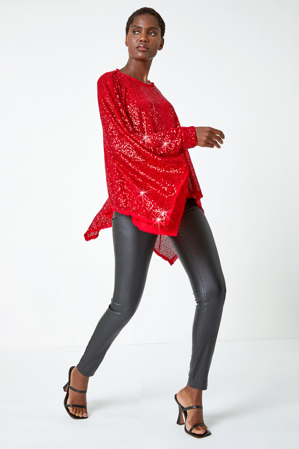 Red Sequin Cape Overlay Stretch Top, Image 4 of 7