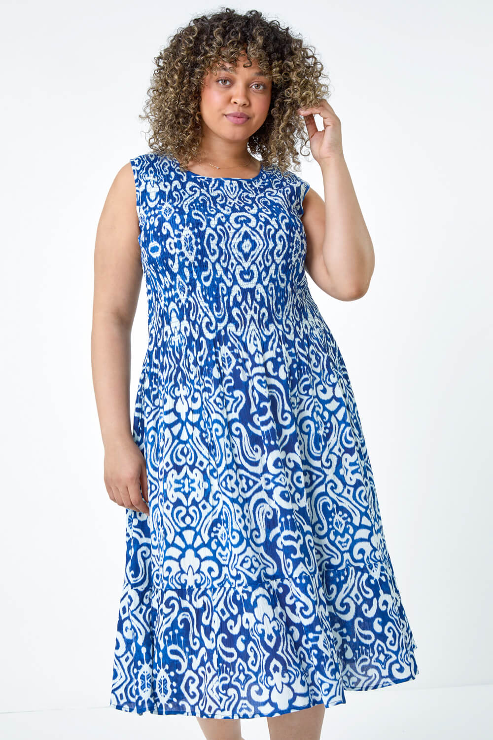 Blue Curve Aztec Shirred Bust Midi Dress, Image 4 of 5