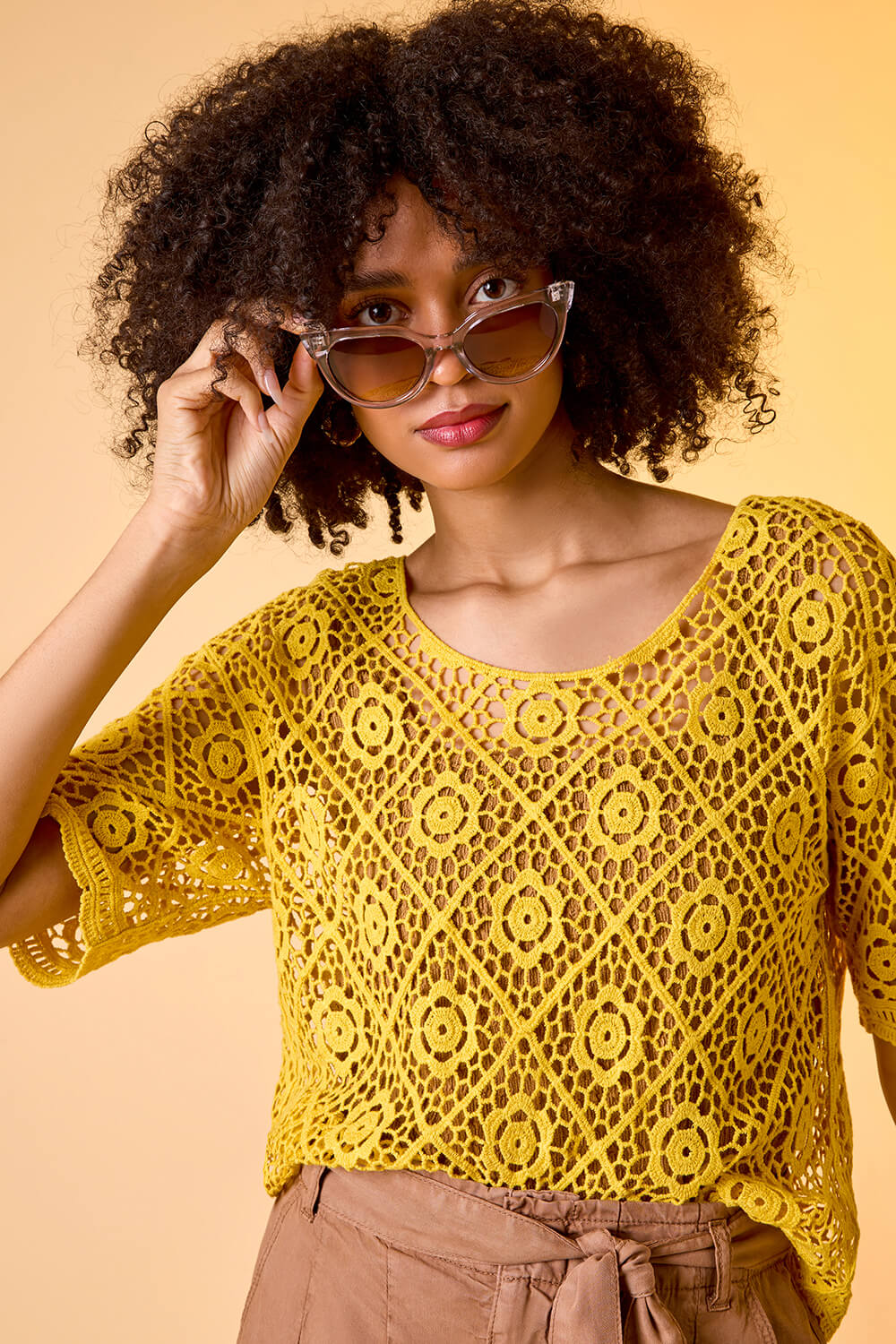 Yellow Cotton Crochet T-Shirt, Image 6 of 7