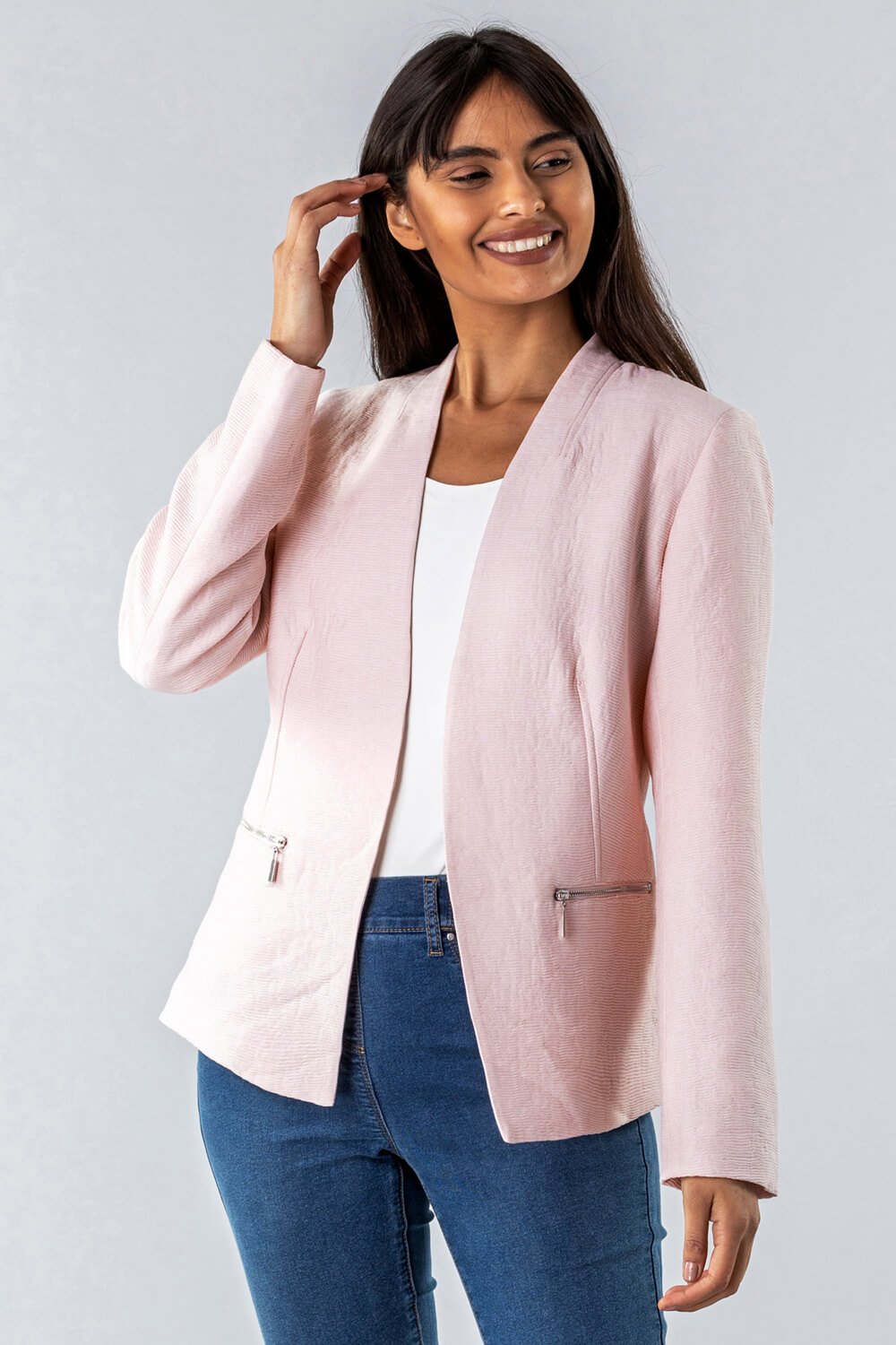 Zip Detail Pleated Jacket in Light Pink - Roman Originals UK