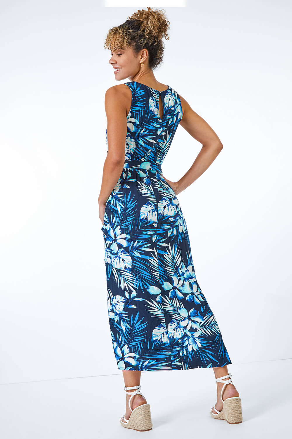 Blue Petite Tropical Print Stretch Jersey Column Dress, Image 3 of 5