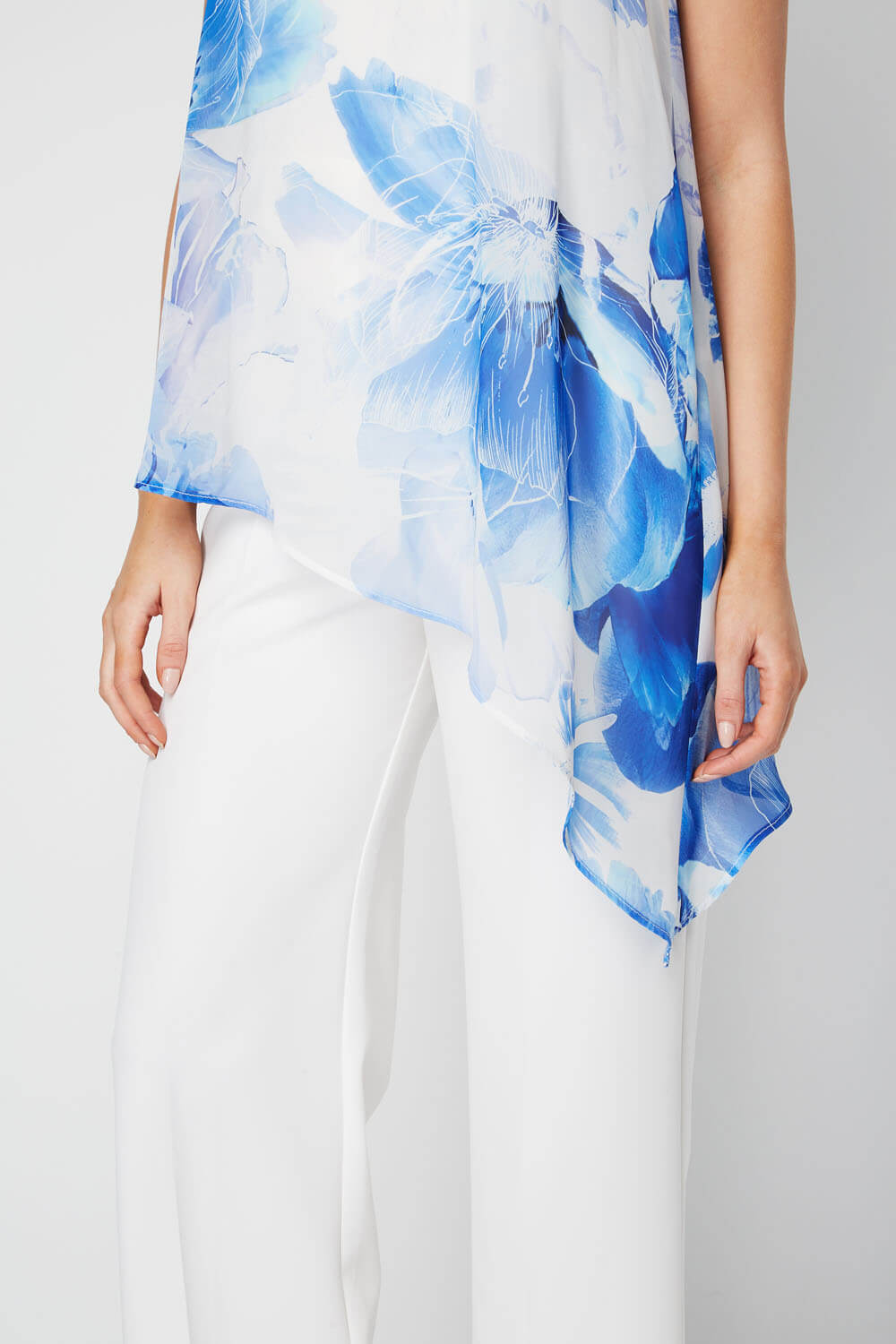 Royal Blue Floral Chiffon Overlay Jumpsuit, Image 3 of 4