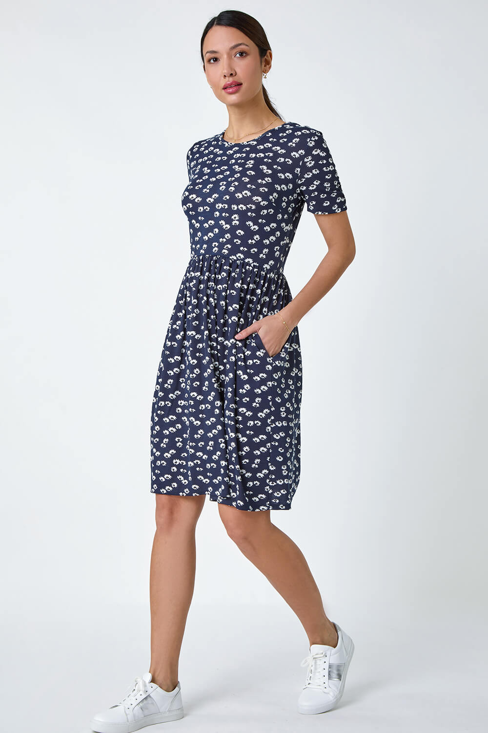 Navy  Ditsy Floral Stretch Dress, Image 2 of 5