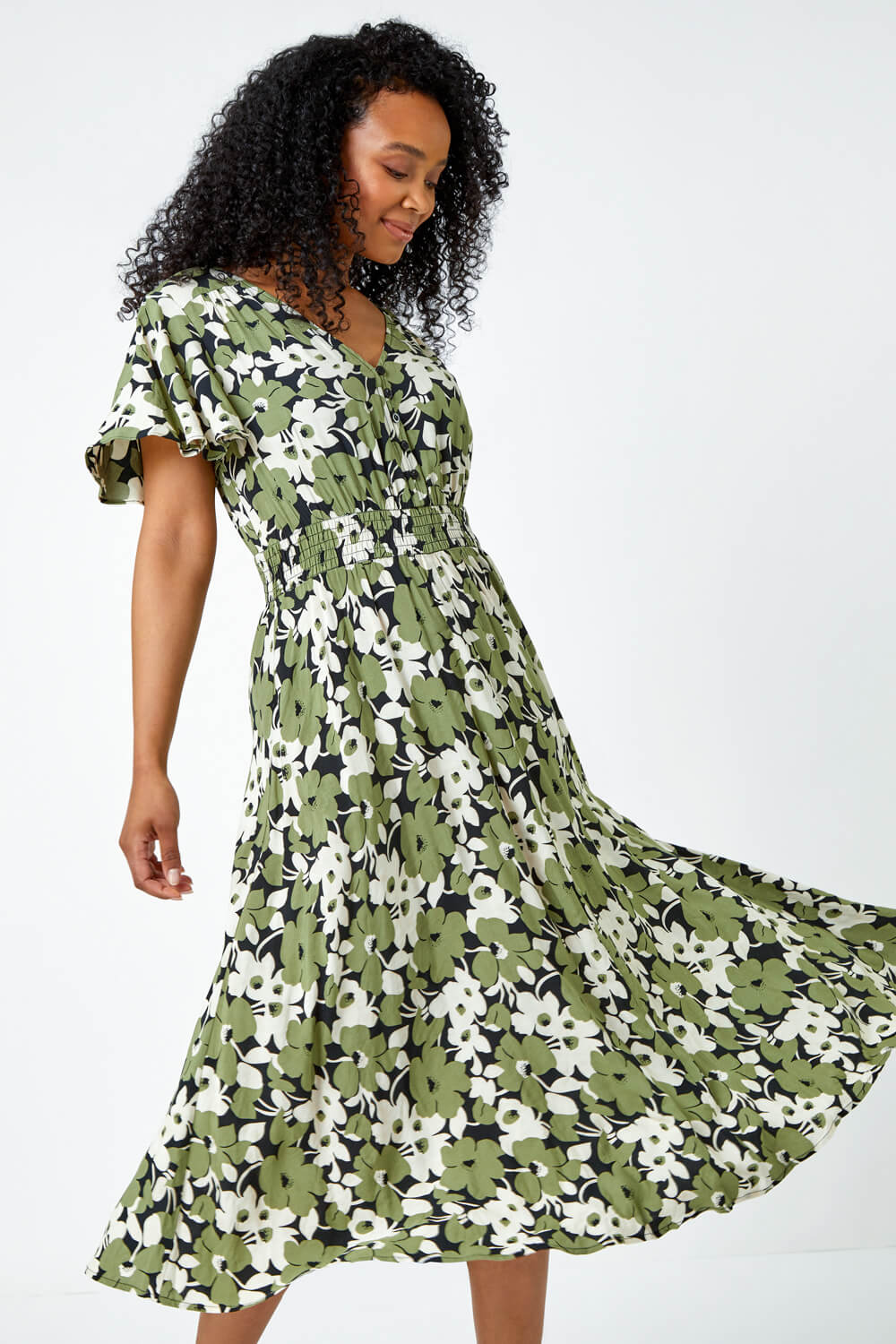 Green Petite Floral Print Shirred Midi Dress, Image 2 of 5