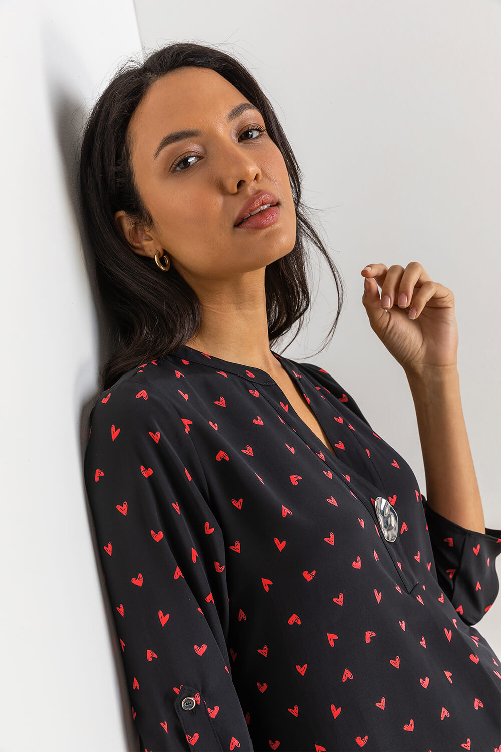 PINK Longline Button Detail Heart Print Top, Image 4 of 5