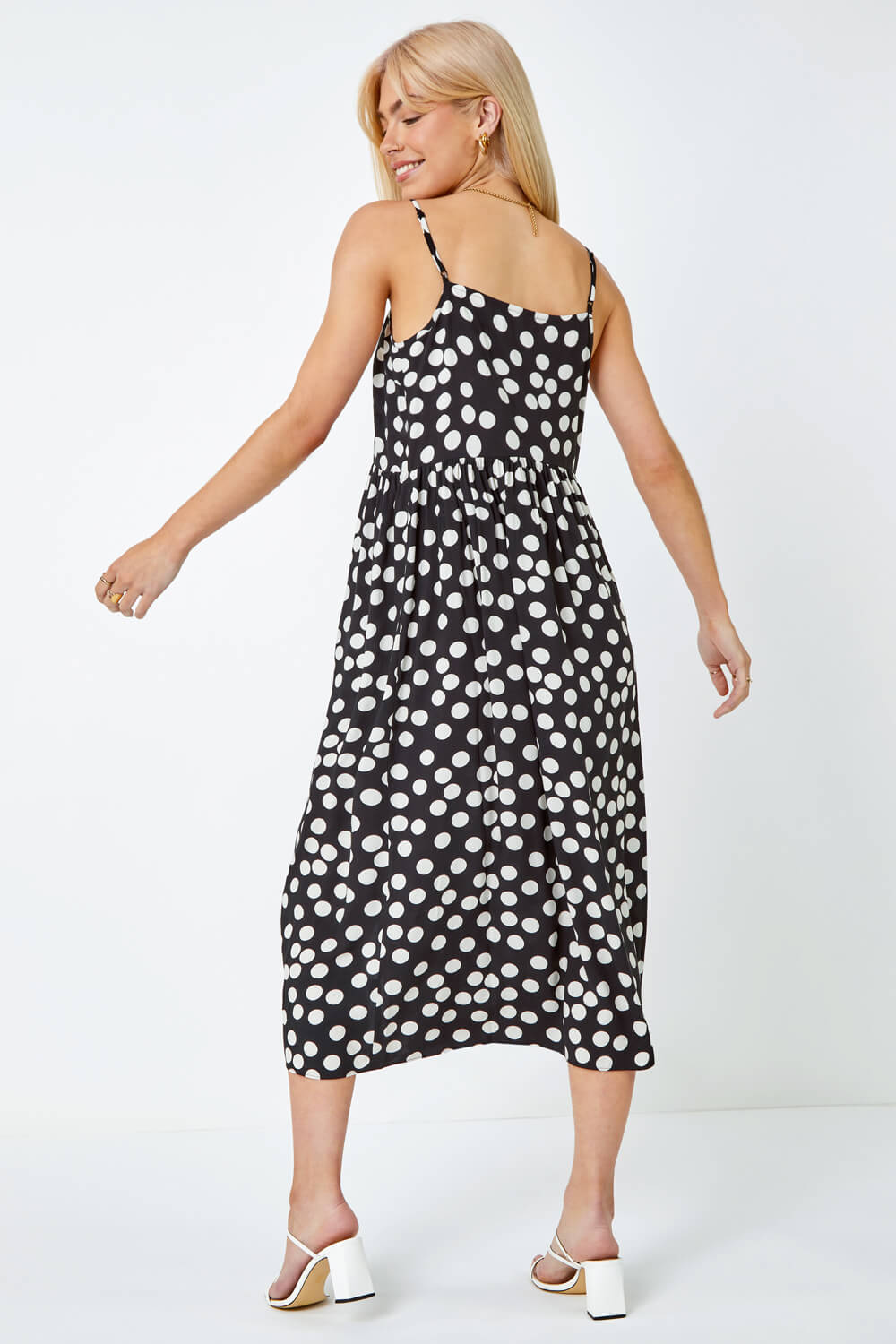 Black Sleeveless Polka Dot Print Midi Dress, Image 3 of 5