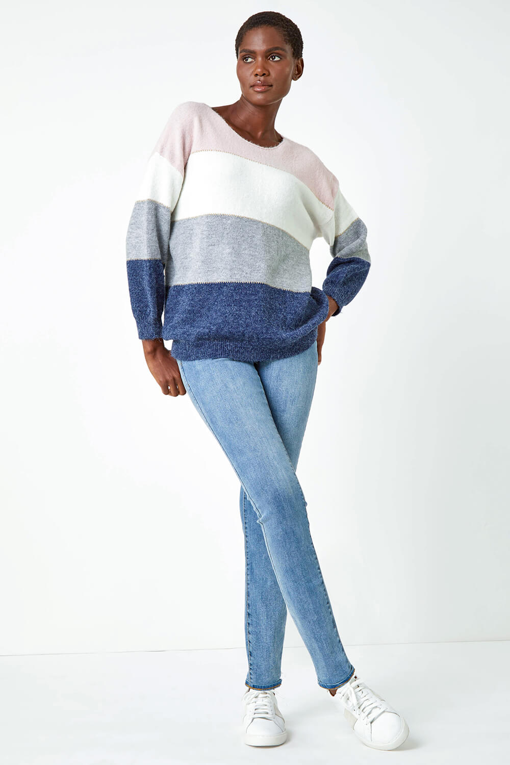 Light Pink Relaxed Colour Block Stripe Jumper, Image 2 of 5