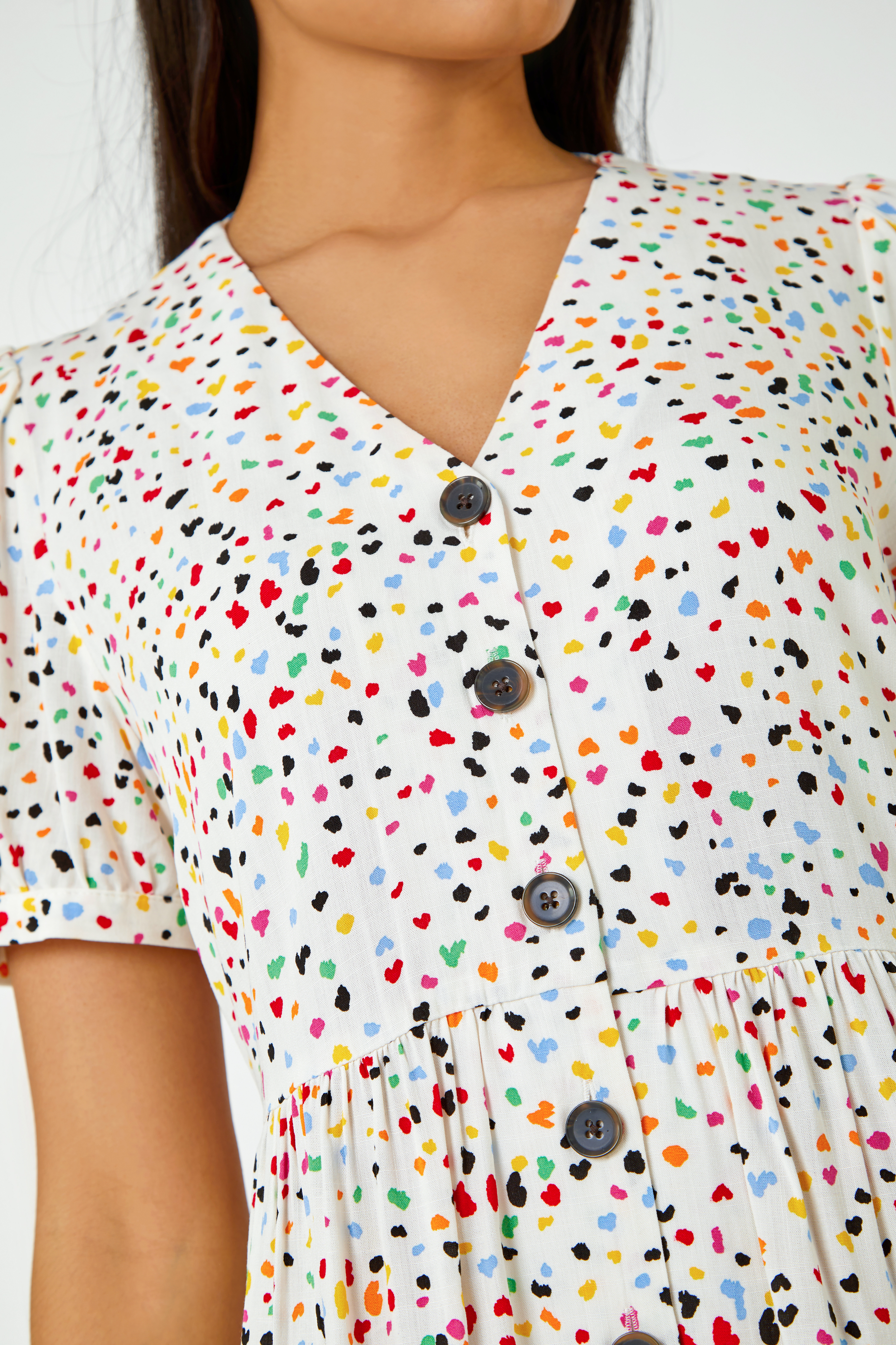 Yellow Ditsy Spot Print Button Down Dress, Image 5 of 5