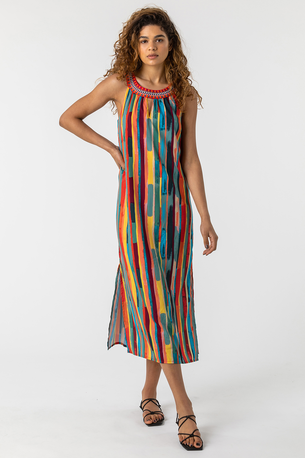 Multi  Stripe Print Embroidered Maxi Dress, Image 3 of 5