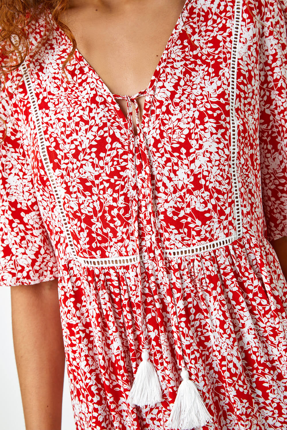 Red Ditsy Floral Tie Smock Top, Image 5 of 5