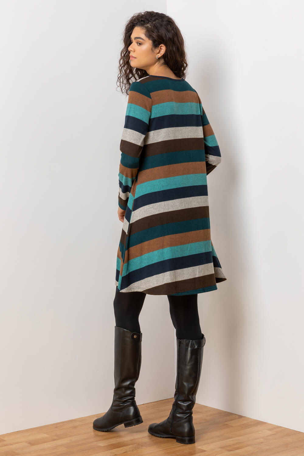 Teal Stripe Print Pocket Swing Dress, Image 2 of 4